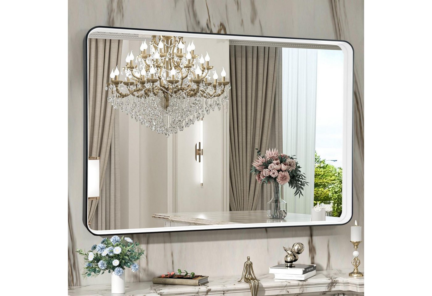 HT Badspiegel Badezimmerspiegel mit Beleuchtung 101x76 cm schwarz, 3-farbig temperierbare Lampe, Aluminiumrahmen, Touch-Wandspiegel von HT