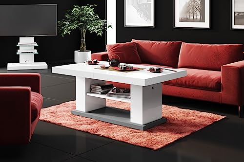 Design Couchtisch HN-777 Weiß - Grau Hochglanz höhenverstellbar ausziehbar Tisch Esstisch von HU