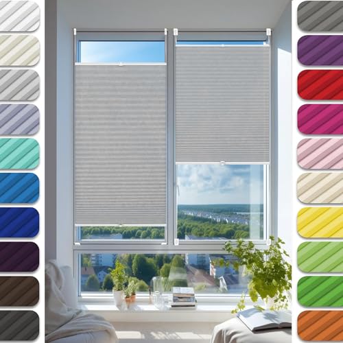 Faltrollo, Sichtschutz Plissee Klemmfix Rollos 20 x 45 cm, Klemmträger Befestigung klemmträger, Easyfix Faltrollo Plisseerollo Jalousie, Klemmfix Plissee Ohne Bohren, für Fenster & Tür, Hellgrau von HUANQIN