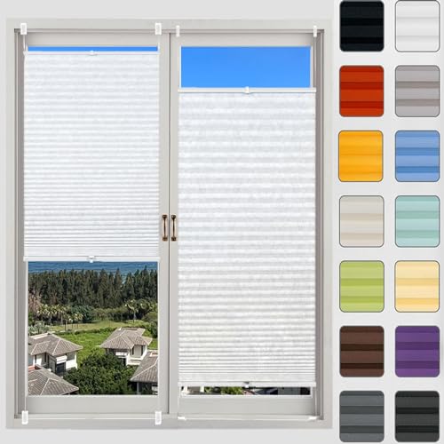 Faltrollo, Sichtschutz Plissee Klemmfix Rollos 65 x 215 cm, Nach Maß Qualität ohne Bohren, Plissee Klemmfix Verdunklung Jalousien, Plissee Sonnenschutz Fenster, für Fenster & Tür, Weiß von HUANQIN