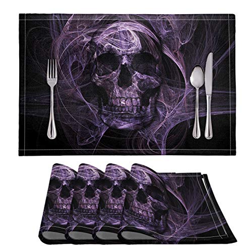 HUGS IDEA PVC-Tischsets, rutschfest, violett, Pop-Art-Totenkopf-Design, Gothic-Stil, 30,5 x 45,7 cm, dekorativ, gewebt, Esstisch-Matten, hitzebeständig, 4 Stück Platzsets von HUGS IDEA