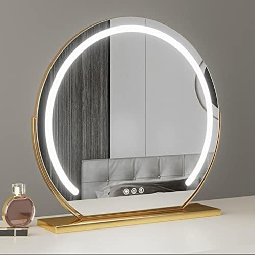 Runder Kosmetikspiegel mit LED-Leuchten, dimmbarer Kosmetikspiegel, Desktop-LED-Schminkspiegel, Touch-Schalter mit 3-Farben-Licht, 360° drehbarer Kosmetikspiegel, Smart Mirror Touch, Gold,Go von HUHUJINGE
