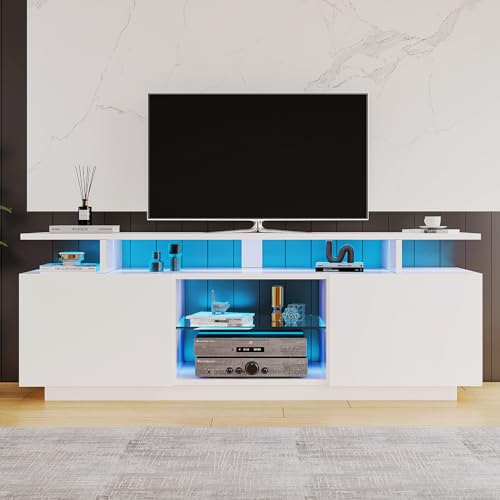 HUMZGHG TV-Schrank mit 16-Farbiger LED-Beleuchtung, 1,4 m lang TV-Konsolentisch - Stilvoller Aufbewahrungsschrank für 60-Zoll-TV, Hochglänzende Türblätter mit Glasfächern von HUMZGHG