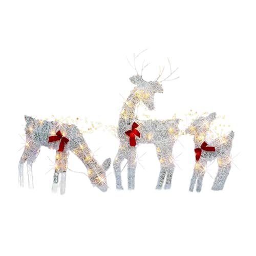 HUPYOMLER 3 Stück beleuchtete Weihnachts-Rentiere für den Außenbereich, weiß, Metall, beleuchtet, Rudolph und Weihnachtsmann, Schlitten mit Lichtern von HUPYOMLER