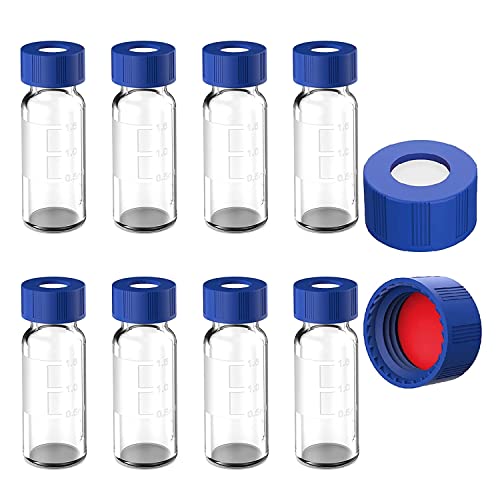 HUPYOMLER Autosampler-Ampullen 2 ml, 100 Stück, HPLC-Ampullen 9–425, transparente Ampullen mit blauen Schraubkappen, rot-weiße Septa-Fläschchen von HUPYOMLER