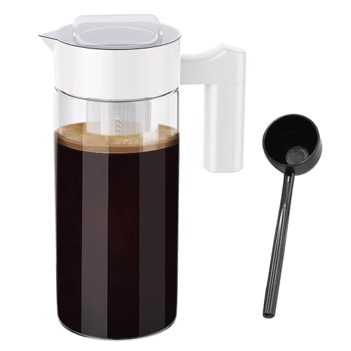 HUPYOMLER Kaltgebrühter Kaffeebereiter, Eiskaffeekrug mit Netzfilter, Glas-Eiskaffeekanne für Kühlschrank, weiß, einfach zu bedienen, 1300 ml, 24,5 x 10 cm von HUPYOMLER