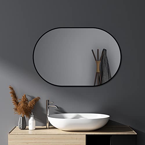 HY-RWML Wandspiegel Schwarz 50x80 cm oval Spiegel Wandmontage Kosmetikspiegel Edelstahl für Badezimmer Wohnzimmer Schlafzimmer Eingangsbereich Glatte horizontaler vertikaler Einbau von HY-RWML