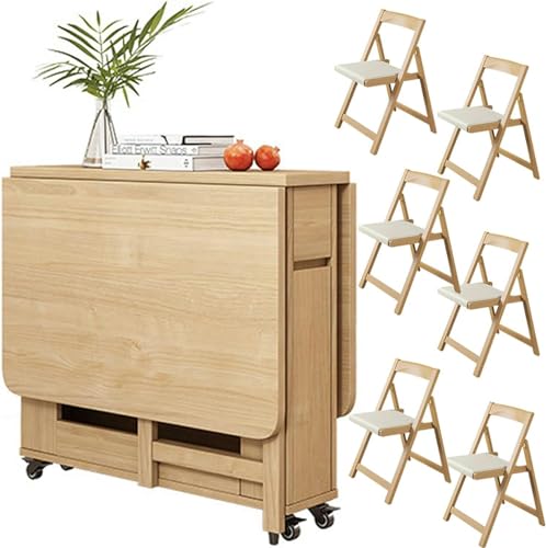 HYDZYXGS Ausziehbarer Holz-Esstisch mit Stühlen, Klapptisch-Set für Küche und Wohnzimmer – Holzfarbe, platzsparendes faltbares Esszimmer-Set für kleine Räume von HYDZYXGS
