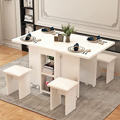 HYDZYXGS Drop-Leaf-Tisch, klappbarer Esstisch, rechteckiger, ausziehbarer Küchen-Esstisch aus Holz mit Rollen und 4 Hockern, Kleiner Esstisch für Küche, Wohnzimmer, 120 cm von HYDZYXGS