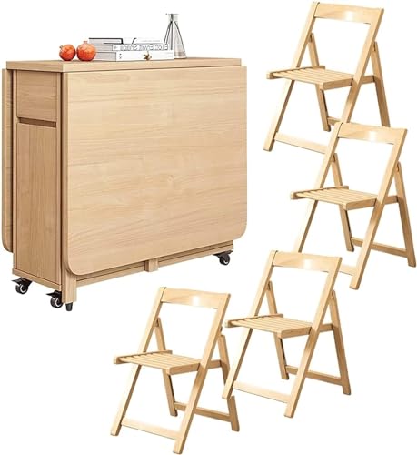 HYDZYXGS Esstisch-Set, Drop-Leaf-Tisch aus Massivholz, ausziehbarer, beweglicher Klapptisch mit Rollen und 4 Stühlen, platzsparend, Design mit runden Kanten, für das Esszimmer in der Küche von HYDZYXGS