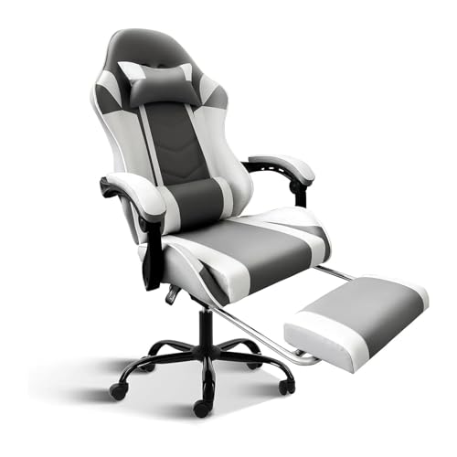 HYHNB Weißer Gaming-Stuhl mit Fußstütze, großer und hoher Gamer-Stuhl, Verstellbarer Dreh-Bürostuhl im Racing-Stil, ergonomisch (Color : Grey White Footrest) von HYHNB