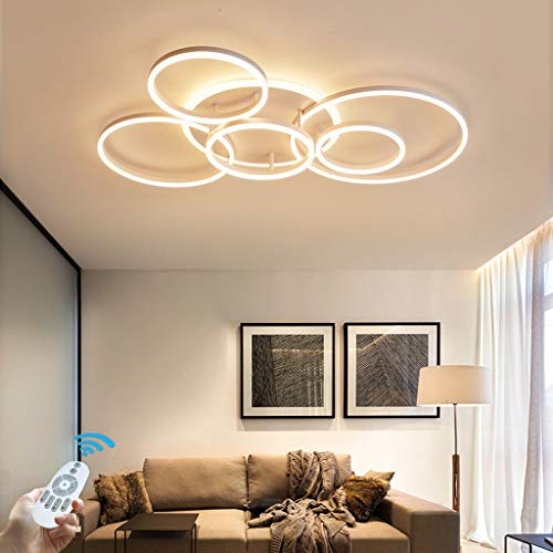 HYKISS LED-Deckenleuchte 86W Modern Dimmbar 6 Ringe Deckenlampe Metall-Acryl Runde Kronleuchter Wohnzimmer Küche Schlafzimmer Büro Kinderzimmer Lampe Beleuchtung,Mit Fernbedienung,Ø115CM,Weiß von HYKISS