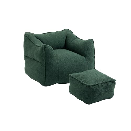 HYNMSM Boucle-Sitzsack mit Armlehnen, bequemes Sofa mit hoher Rückenlehne für Erwachsene, Lounge-Stuhl, Sitzsack-Liegestuhl für Wohnzimmer und Schlafzimmer (Sitzsack + Fußhocker) (Green) von HYNMSM