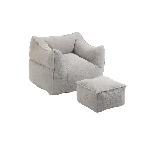 HYNMSM Boucle-Sitzsack mit Armlehnen, bequemes Sofa mit hoher Rückenlehne für Erwachsene, Lounge-Stuhl, Sitzsack-Liegestuhl für Wohnzimmer und Schlafzimmer (Sitzsack + Fußhocker) (Grey) von HYNMSM