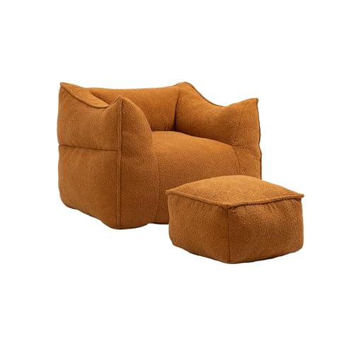 HYNMSM Boucle-Sitzsack mit Armlehnen, bequemes Sofa mit hoher Rückenlehne für Erwachsene, Lounge-Stuhl, Sitzsack-Liegestuhl für Wohnzimmer und Schlafzimmer (Sitzsack + Fußhocker) (Orange) von HYNMSM