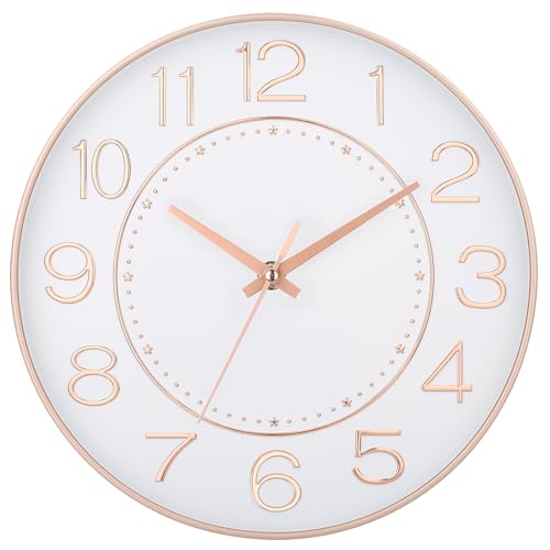 HZDHCLH 25cm Modern Quartz Lautlos Wanduhr Arabisch Ziffer Schleichende Sekunde ohne Ticken für Dekoration Wohnzimmer, Küche, Büro, Schlafzimmer (Weißes Gold) von HZDHCLH