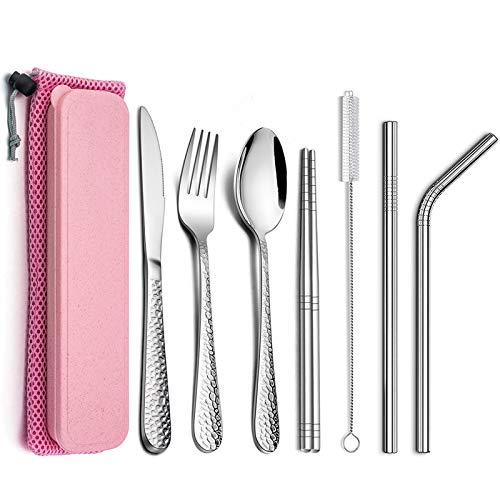 HaWare Campingbesteck, 9-teilig Edelstahl Outdoor Reisebesteck Wanderbesteck, Tragbares Picknick Besteck Set mit Messer Gabel Löffel, Metallstrohhalme, Essstäbchen, Reinigungsbürste, Rosa Etui &Tasche von HaWare