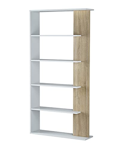 Bücherregal mit fünf Regalen, artik weiße Farbe mit Eichenfarbendetail, Maße 90 x 180 x 25 cm von Habitdesign