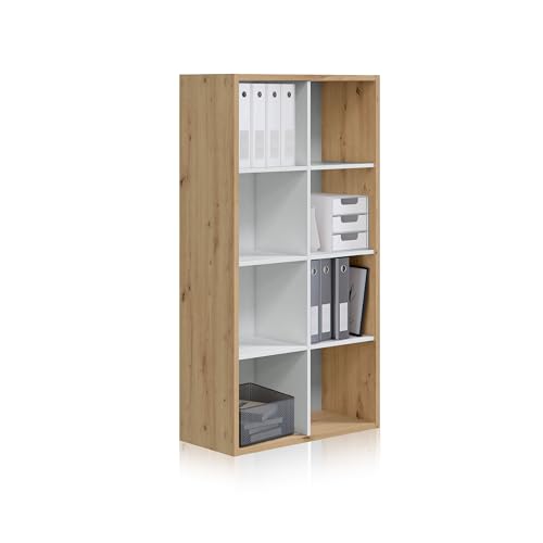 Habitdesign Vertikales oder horizontales Regal mit 8 Löchern, Bücherregal, Aufbewahrungssystem, Modell Noa, Finish in Eiche und Weiß Artikel, Maße: 71,5 cm (L) x 137 cm (H) x 33 cm (F) Wald von Habitdesign