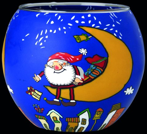 Teelichthalter Leuchtglas Rund Kerzenhalter Glas Teelicht Votivglas (Santa im Mondschein 21824) von Hahn Kerzenfarm