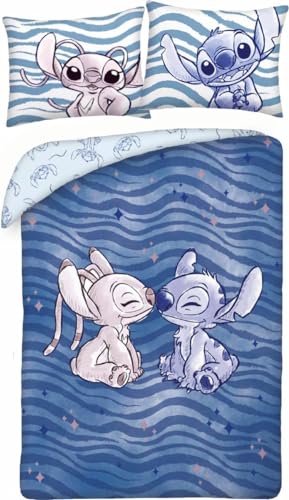 STICH Küss Angel – von Disney Lilo und Stitch – wendbarer Bettbezug 140 x 200 cm und Kissenbezug 70 x 90 cm – Mehrfarbig – 100 % Baumwolle von Halantex