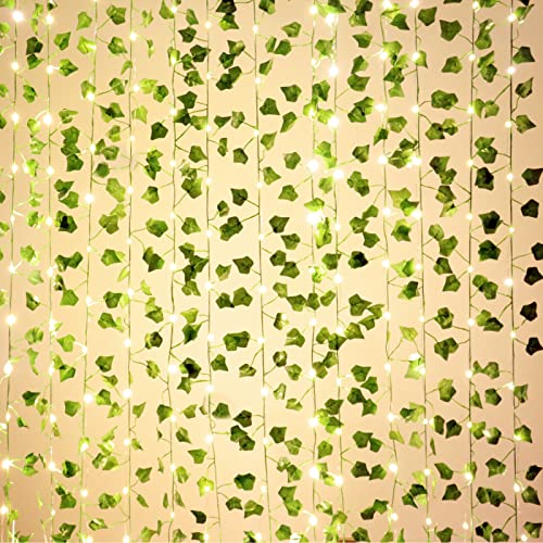 25m 12 Stück künstlicher efeu Blätter Girlande Künstlich Gefälschte Pflanzen mit 100 LEDs Lichterkette blätter für Home Garten Hochzeit Weihnachtsdekoration Gefälschte Grün Decor von HanYun