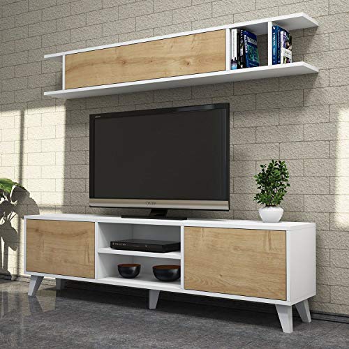 Hanah Home Stylish TV Unit with Wall Shelf, White & Pine, 160 cm | 100% Melamine Coated Particle Board, 18 mm Thick | Multiple Shelves & Wall-Mountable Design Hanah Home Stylish TV Unit with Wall Shelf, White & Pine, 160 cm | 100% Melamine Coated Particle Board, 18 mm Thick | Multiple Shelves & Wall-Mountable Design von Hanah Home