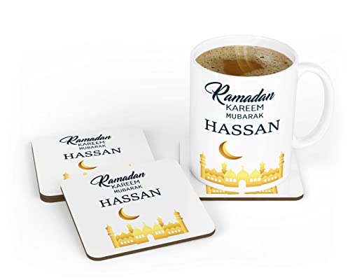 Personalisierte islamische Tasse für Ramadan Mubarak mit personalisiertem Namen, Tasse und Untersetzer-Set von Handmade By Stukk