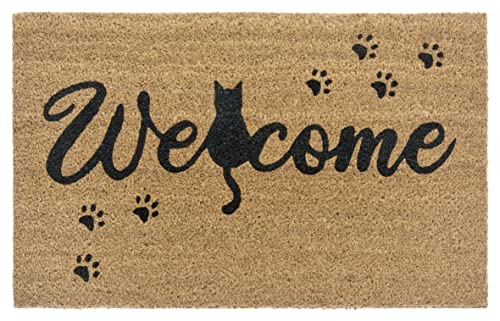 Hanse Home Kokos Fußmatte für Innen - Schmutzfangmatte Natur, Kokosmatte Katze Welcome, Fußabtreter rutschfest für Flur, Terrasse, Eingangsbereich - 45x75cm von Hanse Home