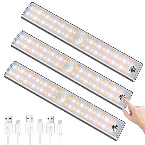 Haotao 19CM Schrankbeleuchtung 48 LED Lampe Akku, 11000K 1500mAh Schranklicht mit Bewegungsmelder, Kabellos Touch und Dimmbar, Unterbauleuchte Küche Led, Schranklicht, Kleiderschrank Lampe, 3 Stück von Haotao