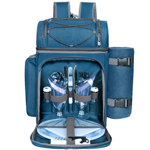 Hap Tim Picknick-Rucksack-Kühler für 2 Personen mit isolierter auslaufsicherer Kühltasche, Weinhalter, Fleece-Decke, Besteck-Set, perfekt für Strand, Tagesreisen, Wandern, Camping,(EU-36083-BL2)… von Hap Tim