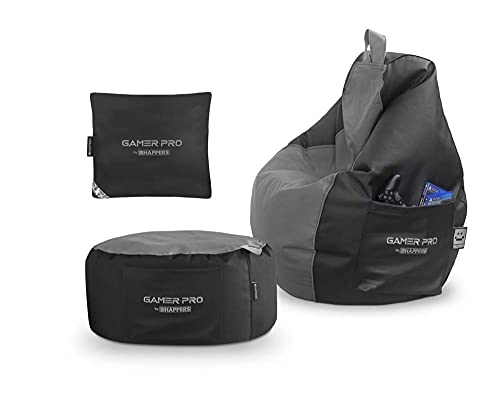 Happers Gaming Set Grau: Gaming Sitzsack Pro + Hocker + Kissen von Happers