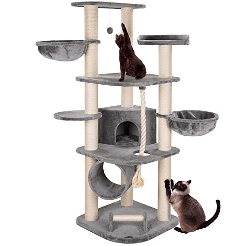 HAPPYPET Kratzbaum für Katzen groß 181 cm hoch - Stabiler Kletterbaum Katzenbaum, Dicke Stämme mit 11 cm, Haus & Spieltunnel, große Liegemulden, Spietau mit Kratzrolle, Grau von Happypet