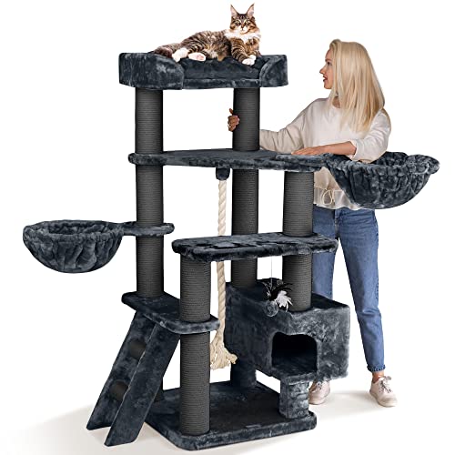 HAPPYPET Kratzbaum Grosse Katzen stabil 'Jacob' - 156 cm hoch, Kletterbaum XXL, 47 kg Premium Qualität, 12 cm Dicke Stämme, Liegemulde & Höhle, geprüftes Holz, schwere Katzen Maine Coon, Anthrazit von Happypet