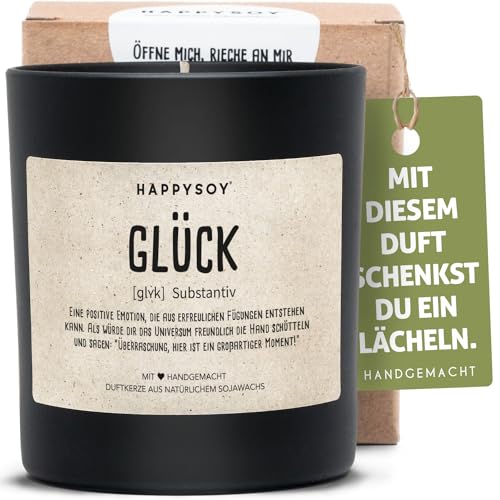 Geschenk Glück Definition Duftkerze im Glas mit Spruch aus Sojawachs - natürlich handgemacht - schöne Geschenkidee für beste Freundin Freund - Dekoidee, gemütliches Zuhause - vegane Kerze von Happysoy