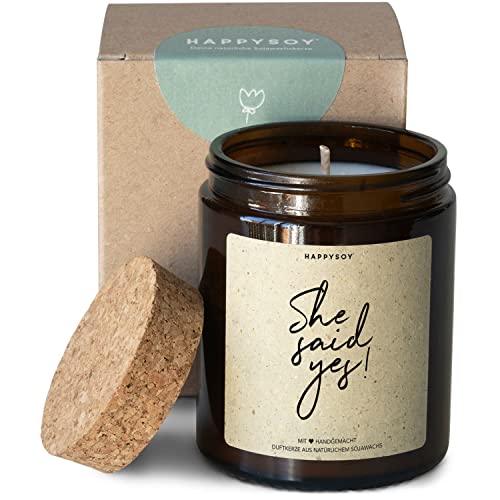 Verlobung Geschenk Duftkerze im Glas mit Spruch aus Soja - 100% natürlich handgemacht vegan nachhaltig - Geschenkidee sie hat ja gesagt verkünden, she said yes von Happysoy