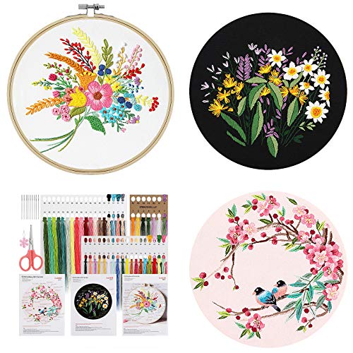 Hapzoom Stickerei-Starter-Set, 3er-Pack, Stickerei-Anfänger-Sets mit Blumen- oder Pflanzenmustern und Anleitung (evtl. nicht in deutscher Sprache), Stickrahmen, Stickgarne und Werkzeug (schwarz + rosa von Hapzoom