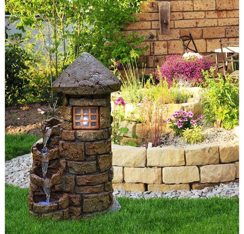 etc-shop Gartenbrunnen, LED Außen Bereich Spring Zier Brunnen Turm Wasserspiel Kaskade von etc-shop