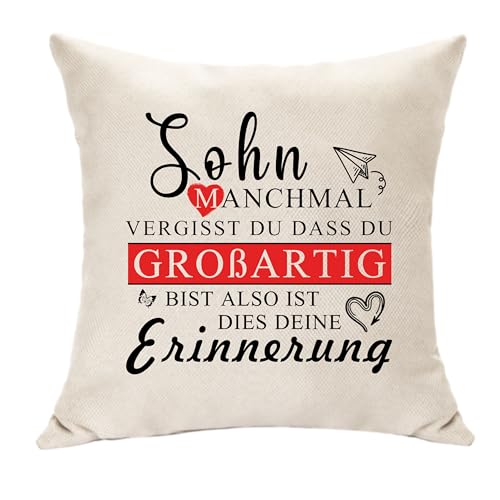 Hasodeo Sohn Dekoration Geschenke von Eltern Kissenbezug Inspirierende Geschenke für Sohn Tägliche Erinnerung Affirmation Kissen Taille Pflege Quadrate 45 x 45 (Sohn) von Hasodeo