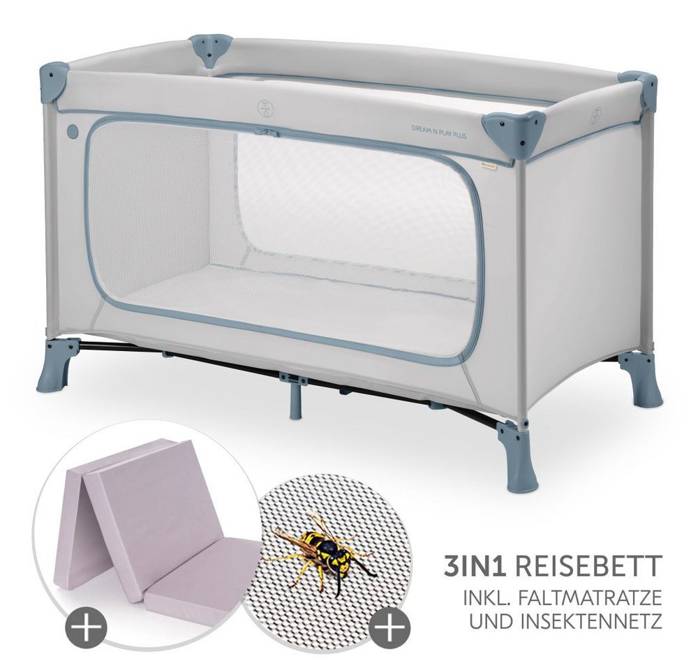 Hauck Baby-Reisebett Dream N Play Plus Set - Dusty Blue, Kinder Babyreisebett mit großem Eingang, Matratze, Moskitonetz faltbar von Hauck