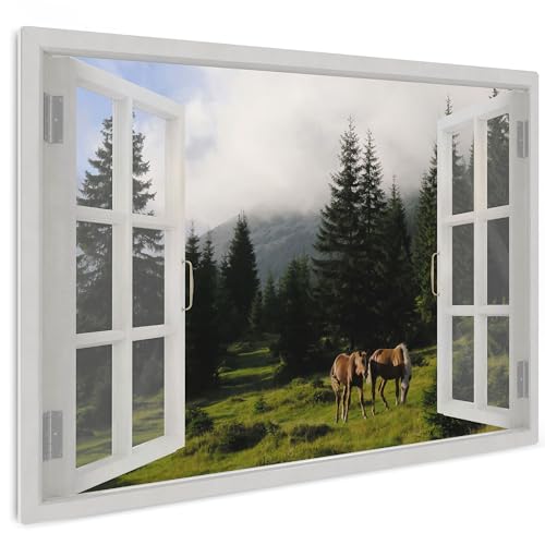 HEALANCY Bilder Natur - KOMPLETT AUFHÄNGFERTIG - Wandbilder Wohnzimmer - Deko Modern - Schlafzimmer - Kunstdruck Wanddeko Küche - Landschaft Fenstertblick Pferde von Healancy Biomedical