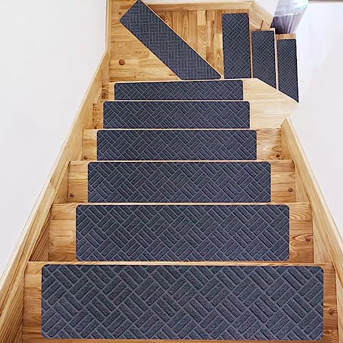 Hearda Treppenstufen Matten, Rechtwinklig 76x20.3cm Treppe Treppenteppich, Stufenmatten 15 stück, Treppenteppich Selbstklebend, Antirutschmatte Innenbereich Verhindert Ausrutschen (15 pc,Anthrazit) von Hearda