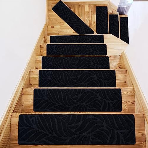 Hearda Treppenstufen Matten, Rechtwinklig 76x20.3cm Treppe Treppenteppich, Stufenmatten 15 stück, Treppenteppich Selbstklebend, Antirutschmatte Innenbereich für Schutz Kinder, Ältere (15 pc,Schwarz) von Hearda