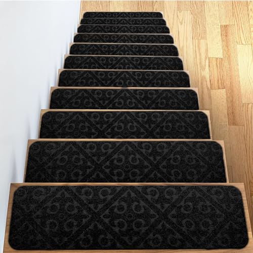 Hearda Treppenstufen Matten Treppe Treppenteppich, Stufenmatten 5/10 Stück, Treppenteppich Selbstklebend, Antirutschmatte Innenbereich für Schutz Kinder, Ältere (10PCS,Schwarz Europäisch) von Hearda