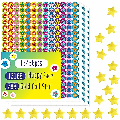 12456 Stück Stern-Aufkleber, mehr als 12100 Happy Face & 288 Goldfolien-Stern-Aufkleber in 14 Farben und 14 Designs für Belohnungsverhaltenstabelle (jeweils 1cm) von Hebayy