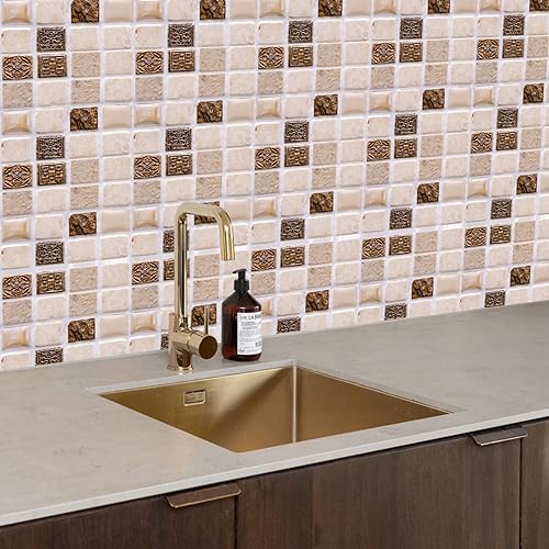 Fliesenaufkleber Bad 20X20 Beige Mosaik Diy Fliesenfolie,Wasserdicht Treppenaufkleber,Fliesenfolie Für Badezimmer,Treppenaufkleber Wandfliese,Selbstklebende Fliesenrückwand(10Pcs) von Hecto