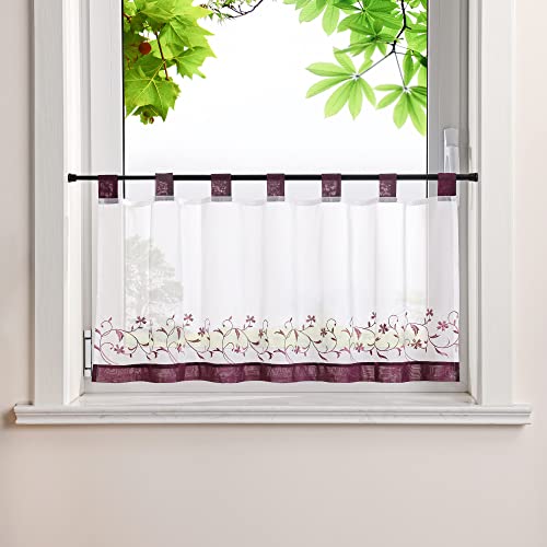 HeichkelL Voile Scheibengardine Ranken Stickerei Kurzstores mit farblichen Schlaufen Küchengardine Fenstervorhang Bestickt Violett HöhexBreite 60x90 cm von HeichkelL