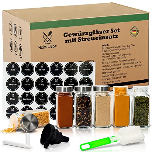 Heim.Liebe Premium Gewürzgläser Set mit Streueinsatz 24 Stück eckig 120 ml, Edelstahldeckel, LFGB, BPA-frei, inkl. Streueinsätze, Etiketten, Kreidestift, uvm. von Heim.Liebe