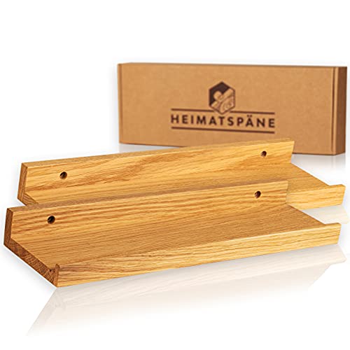 Heimatspäne 2er-Set Bilderleiste Holz 40cm – Echtes Eichenholz, freischwebende Regalbretter inkl. Schraubenabdeckung aus Echtholz – handgemachtes Wandregal, Holzregal Eiche massiv von Heimatspäne