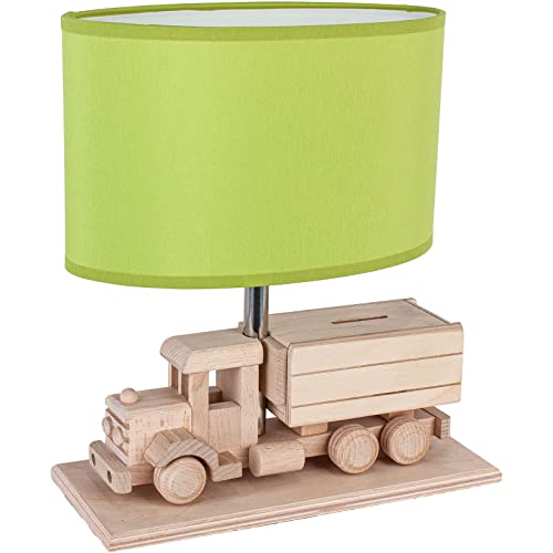 Hellux Tischlampe für Kinder Kinderlampe Kinderzimmer Lampe aus Holz LKW-Spardose (limette) von Hellux